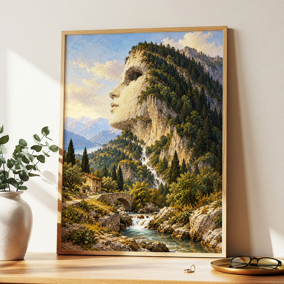 Stonebound Reverie, green, beige, blue nature wall art displayed in a styled interior, gallery view 2