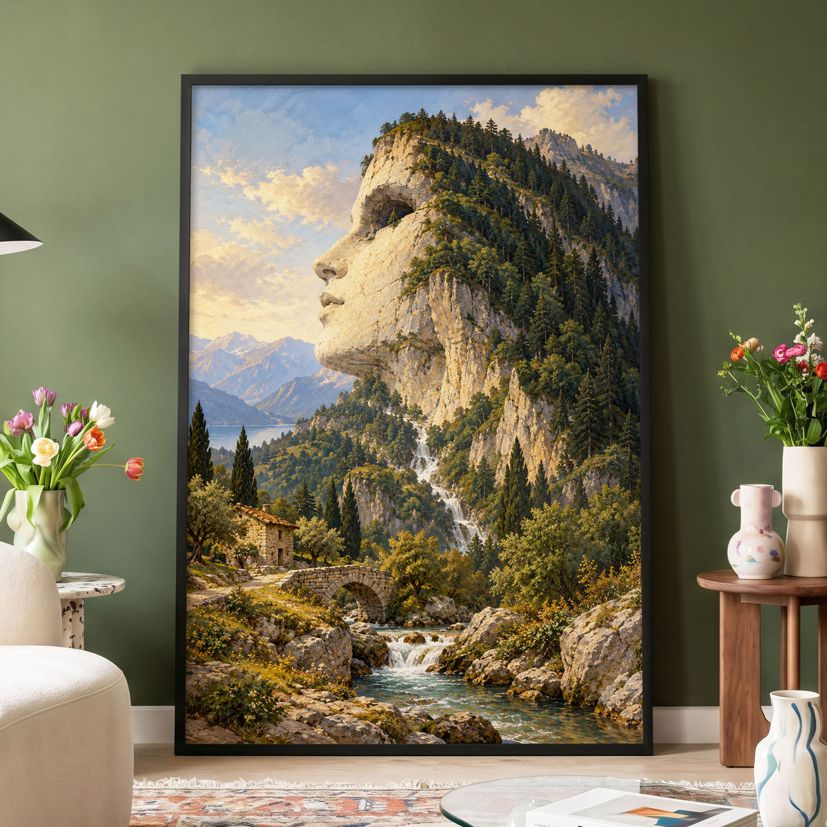 Stonebound Reverie, green, beige, blue nature wall art displayed in a styled interior, gallery view 4