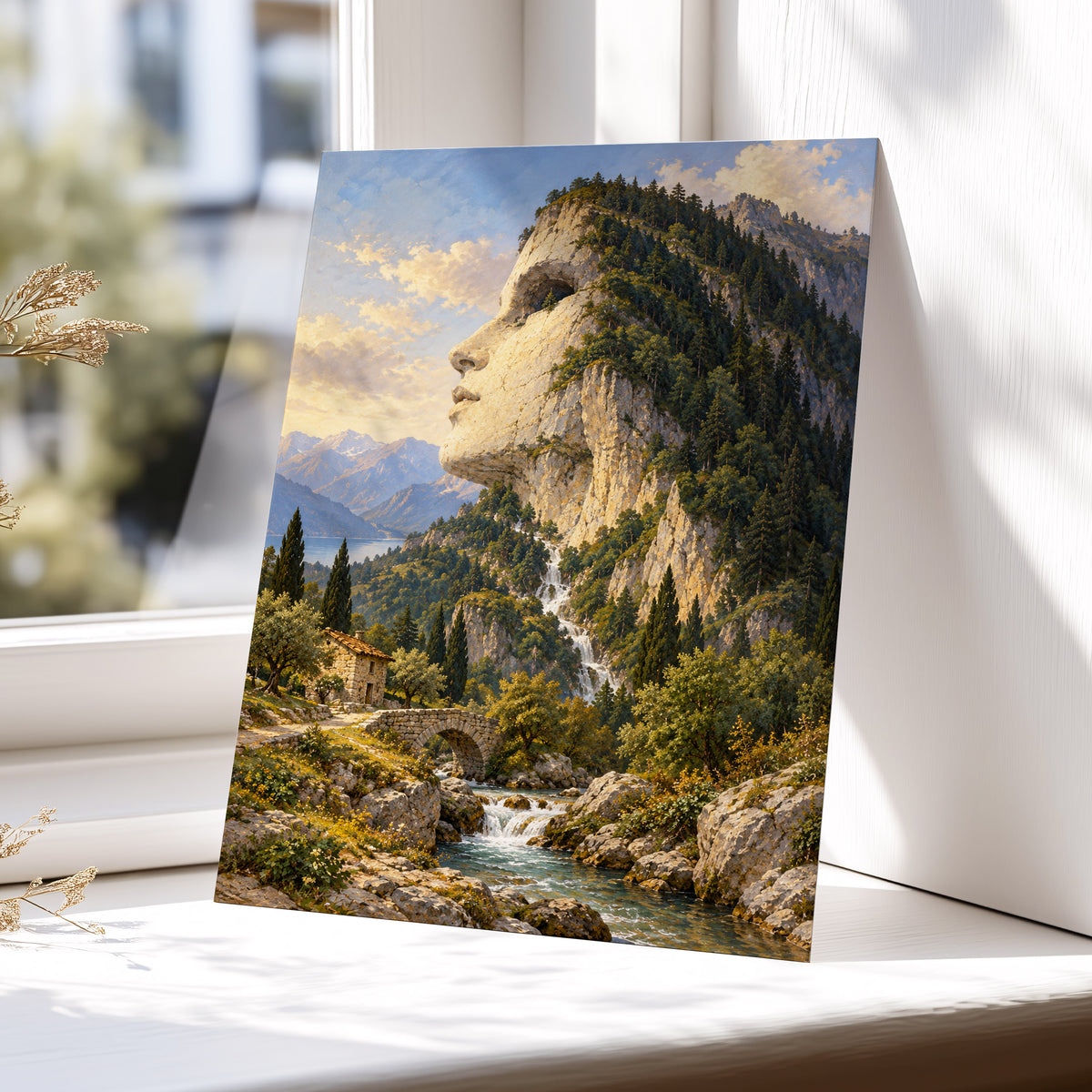 Stonebound Reverie, green, beige, blue nature wall art displayed in a styled interior, gallery view 5