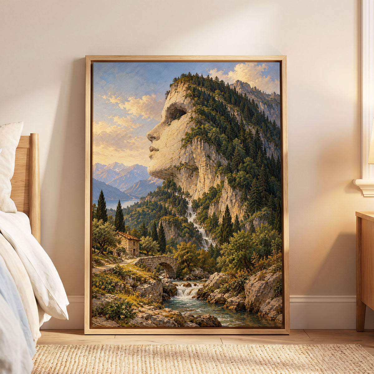 Stonebound Reverie, green, beige, blue nature wall art displayed in a styled interior, gallery view 6