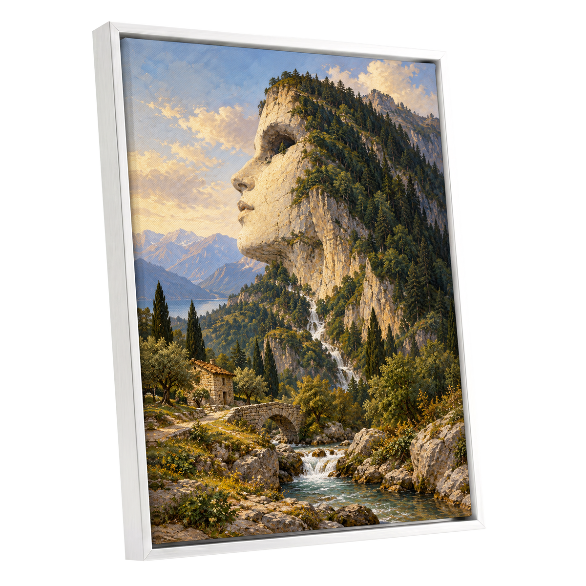 Stonebound Reverie, green, beige, blue nature wall art shown as a white framed canvas wall art