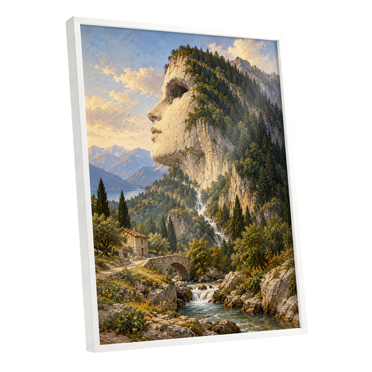 Stonebound Reverie, green, beige, blue nature wall art shown as a white framed poster wall art print