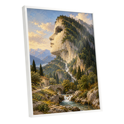 Stonebound Reverie, green, beige, blue nature wall art shown as a white framed poster wall art print