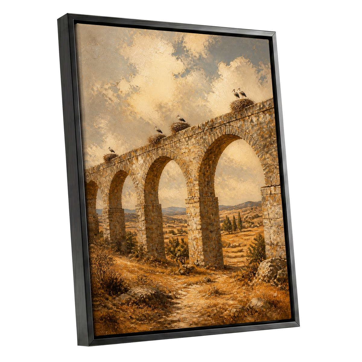 Storks Above the Arches, beige, brown, gold nature wall art shown as a black framed canvas wall art