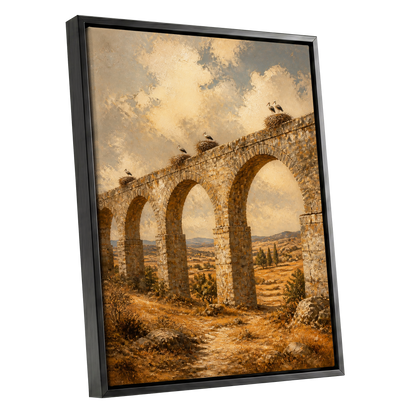 Storks Above the Arches, beige, brown, gold nature wall art shown as a black framed canvas wall art