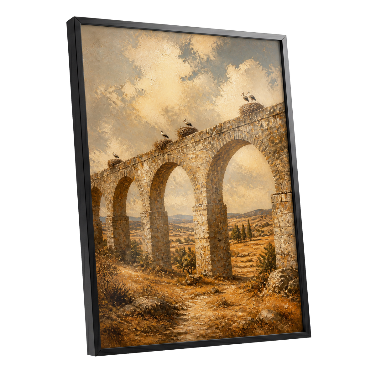 Storks Above the Arches, beige, brown, gold nature wall art shown as a black framed poster wall art print