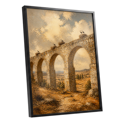 Storks Above the Arches, beige, brown, gold nature wall art shown as a black framed poster wall art print