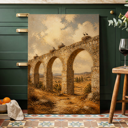 Storks Above the Arches, beige, brown, gold nature wall art on canvas displayed in a styled interior, gallery view 1
