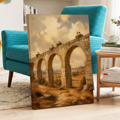 Storks Above the Arches, beige, brown, gold nature wall art on canvas displayed in a styled interior, gallery view 2