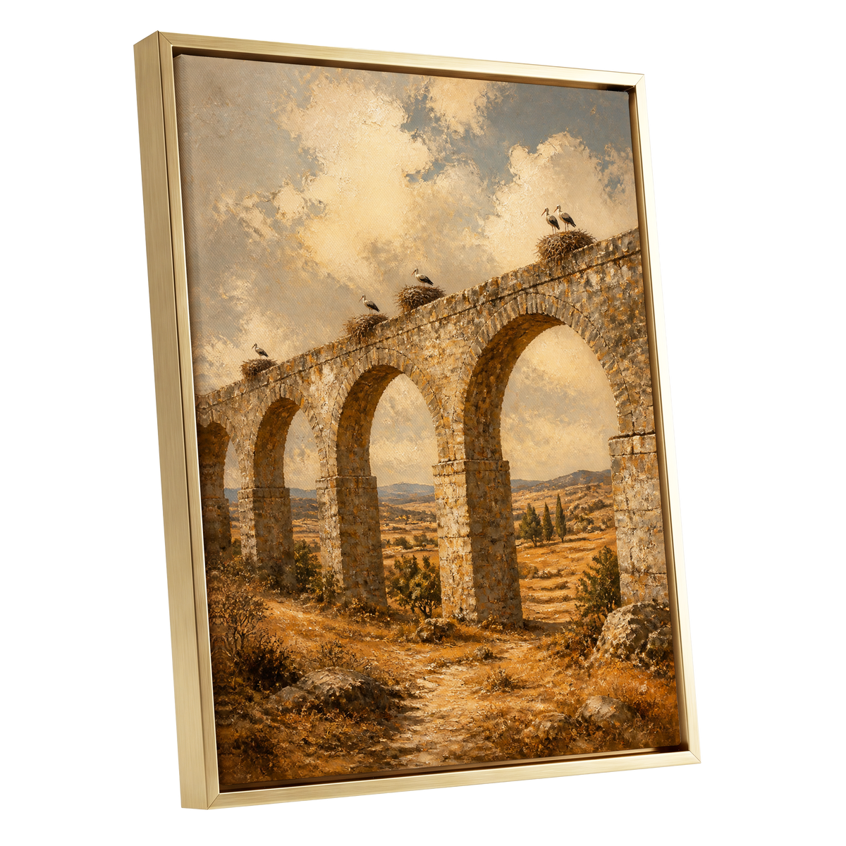 Storks Above the Arches, beige, brown, gold nature wall art shown as a gold framed canvas wall art