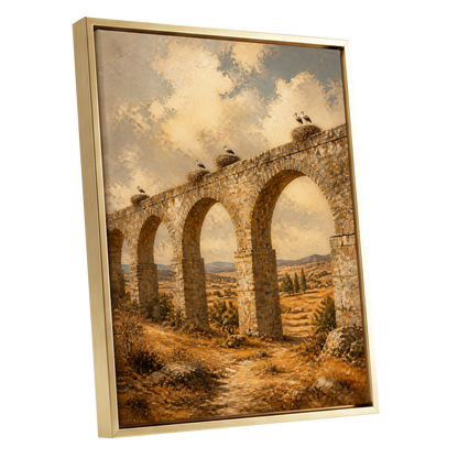 Storks Above the Arches, beige, brown, gold nature wall art shown as a gold framed canvas wall art