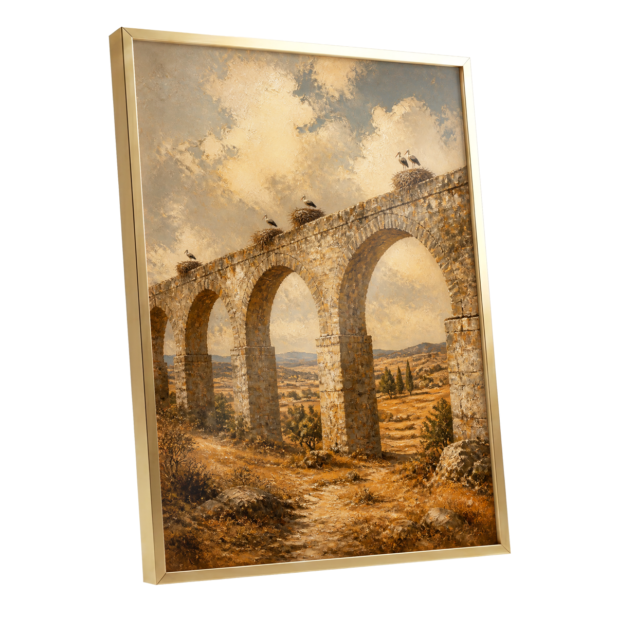 Storks Above the Arches, beige, brown, gold nature wall art shown as a gold framed poster wall art print