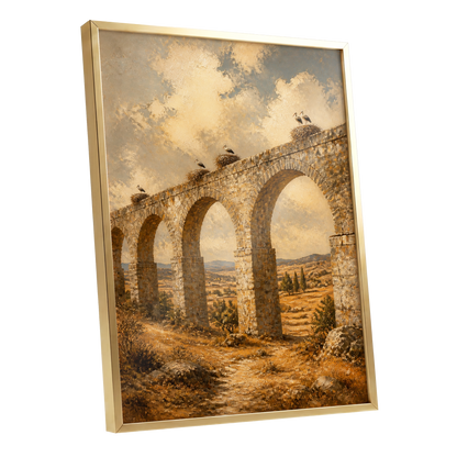 Storks Above the Arches, beige, brown, gold nature wall art shown as a gold framed poster wall art print