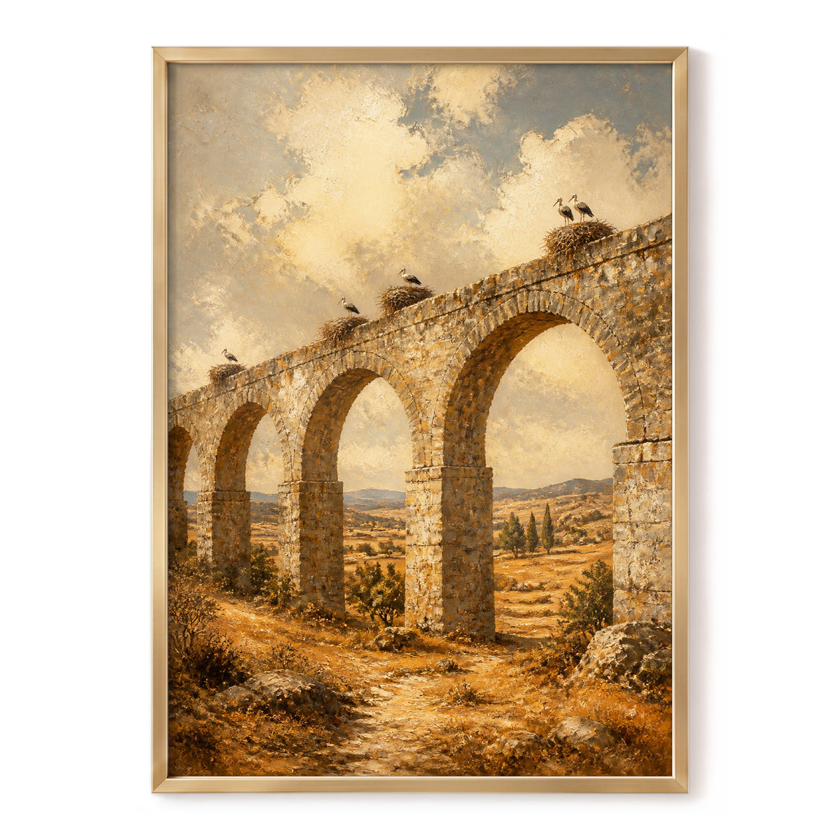 Storks Above the Arches, beige, brown, gold nature wall art, front artwork view