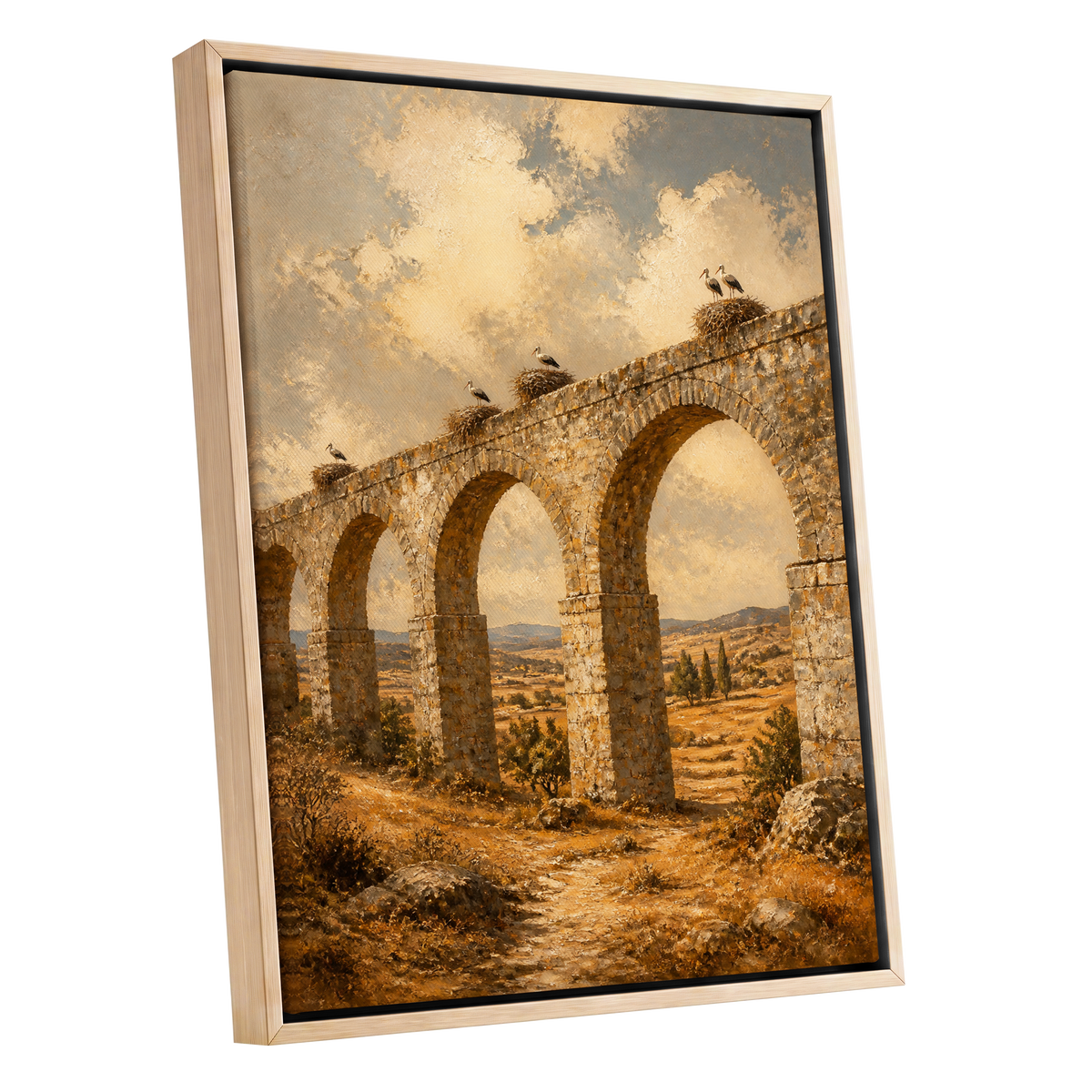 Storks Above the Arches, beige, brown, gold nature wall art shown as a oak framed canvas wall art