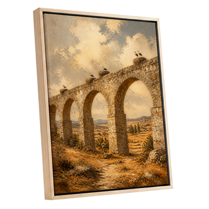 Storks Above the Arches, beige, brown, gold nature wall art shown as a oak framed canvas wall art