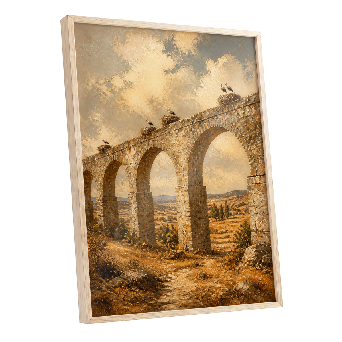 Storks Above the Arches, beige, brown, gold nature wall art shown as a oak framed poster wall art print