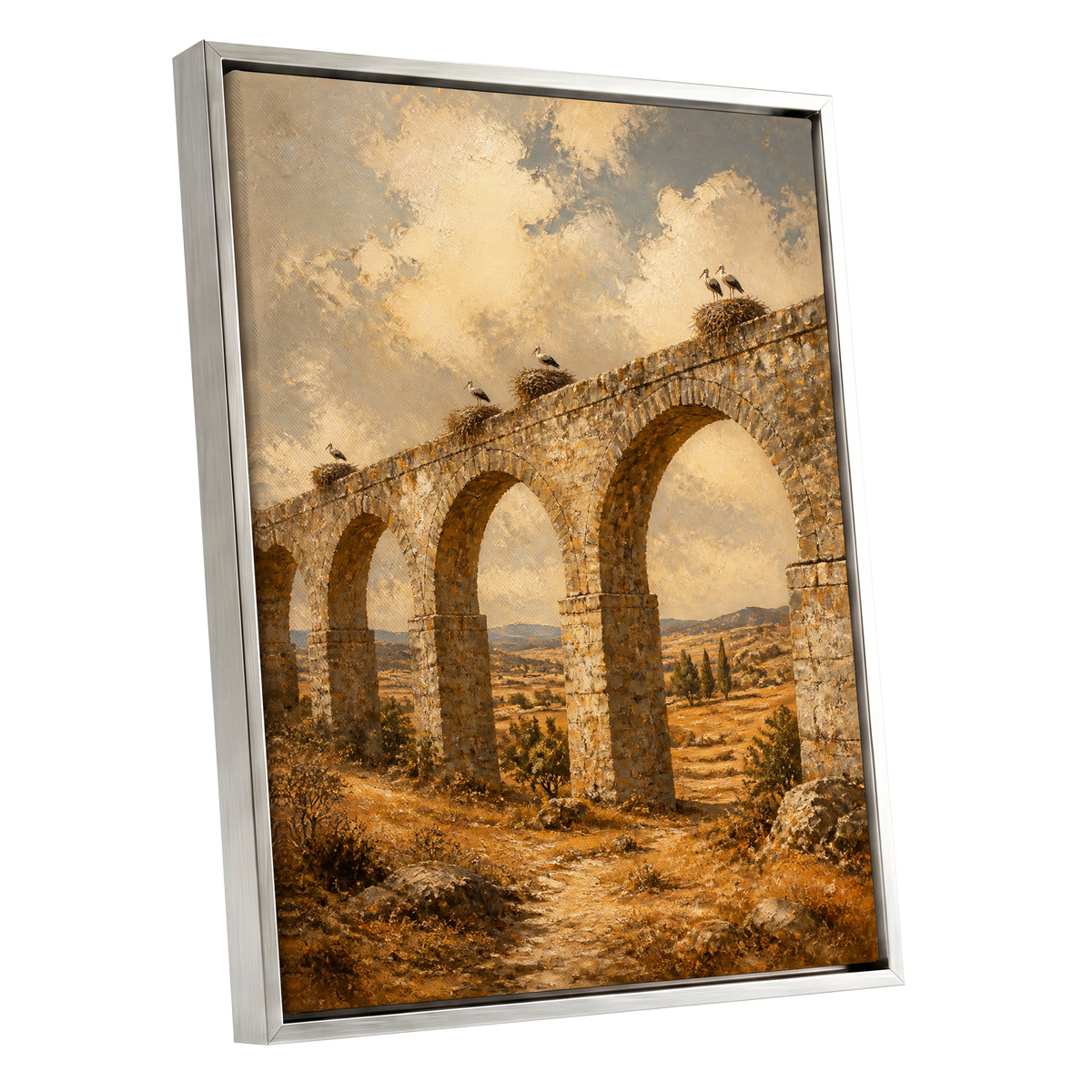 Storks Above the Arches, beige, brown, gold nature wall art shown as a silver framed canvas wall art