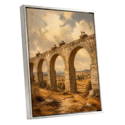 Storks Above the Arches, beige, brown, gold nature wall art shown as a silver framed canvas wall art