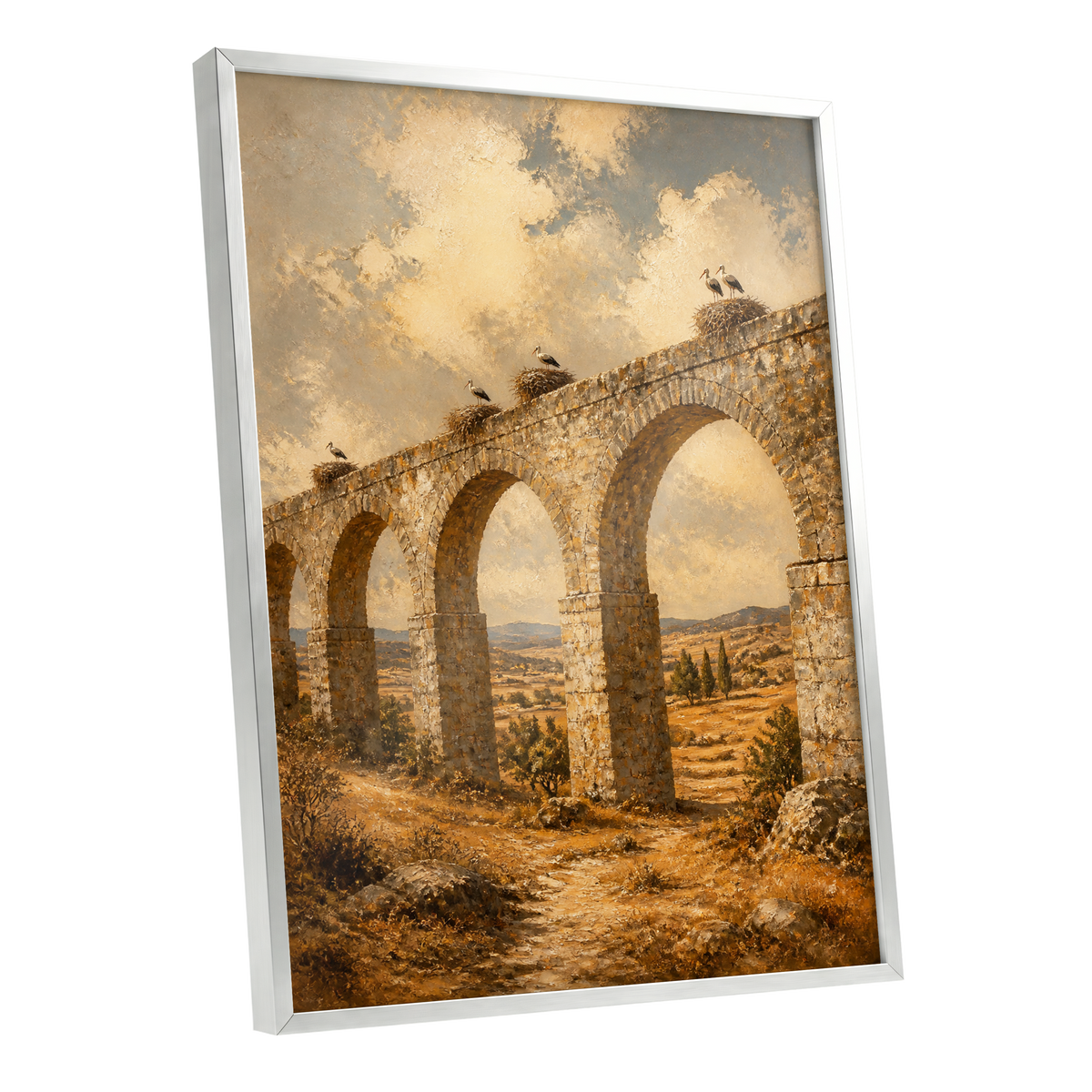 Storks Above the Arches, beige, brown, gold nature wall art shown as a silver framed poster wall art print