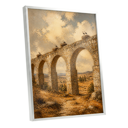 Storks Above the Arches, beige, brown, gold nature wall art shown as a silver framed poster wall art print
