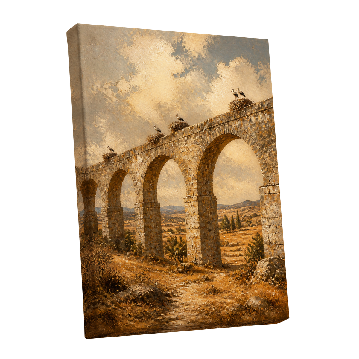 Storks Above the Arches, beige, brown, gold nature wall art shown as a stretched canvas wall art