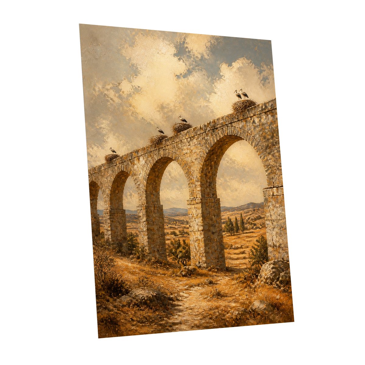 Storks Above the Arches, beige, brown, gold nature wall art shown as a unframed poster wall art print