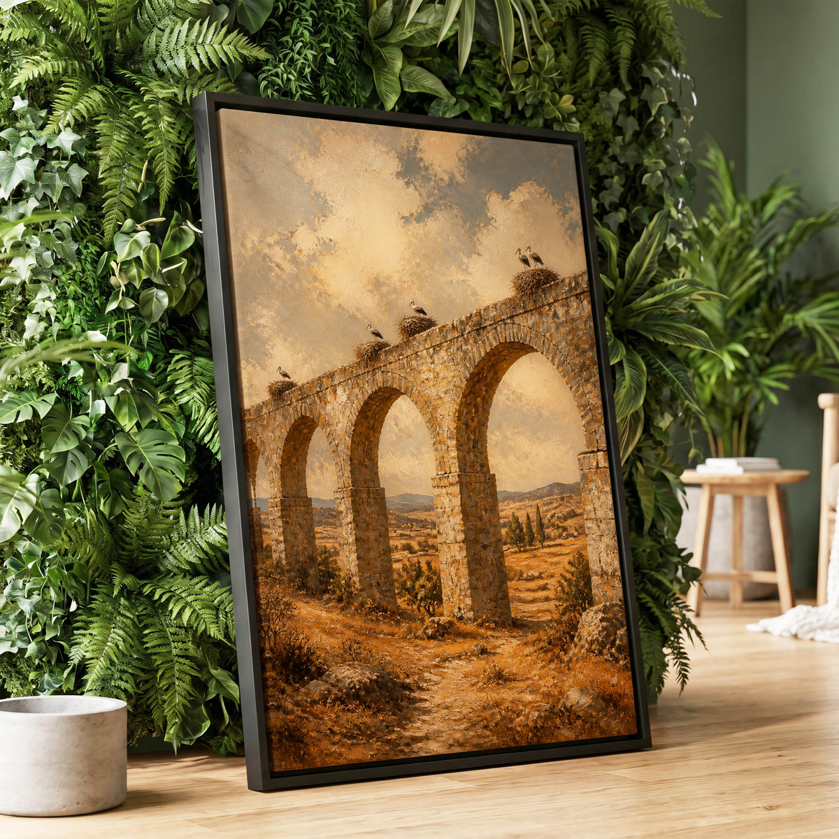Storks Above the Arches, beige, brown, gold nature wall art displayed in a styled interior, gallery view 1