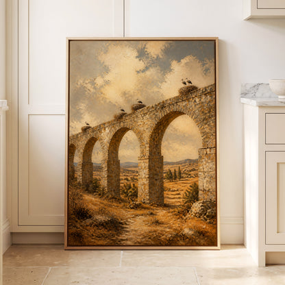 Storks Above the Arches, beige, brown, gold nature wall art displayed in a styled interior, gallery view 2