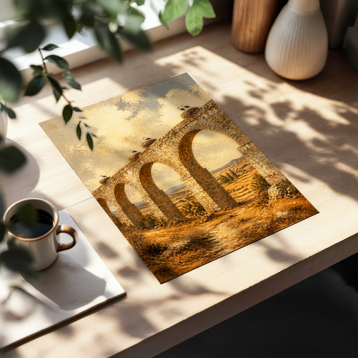 Storks Above the Arches, beige, brown, gold nature wall art displayed in a styled interior, gallery view 3