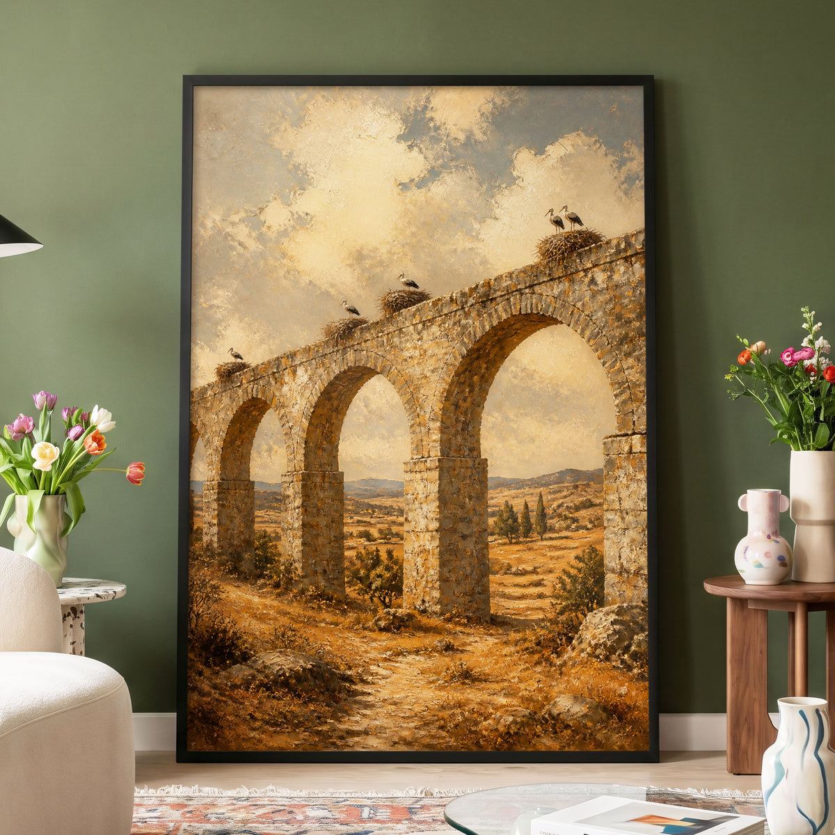 Storks Above the Arches, beige, brown, gold nature wall art displayed in a styled interior, gallery view 4