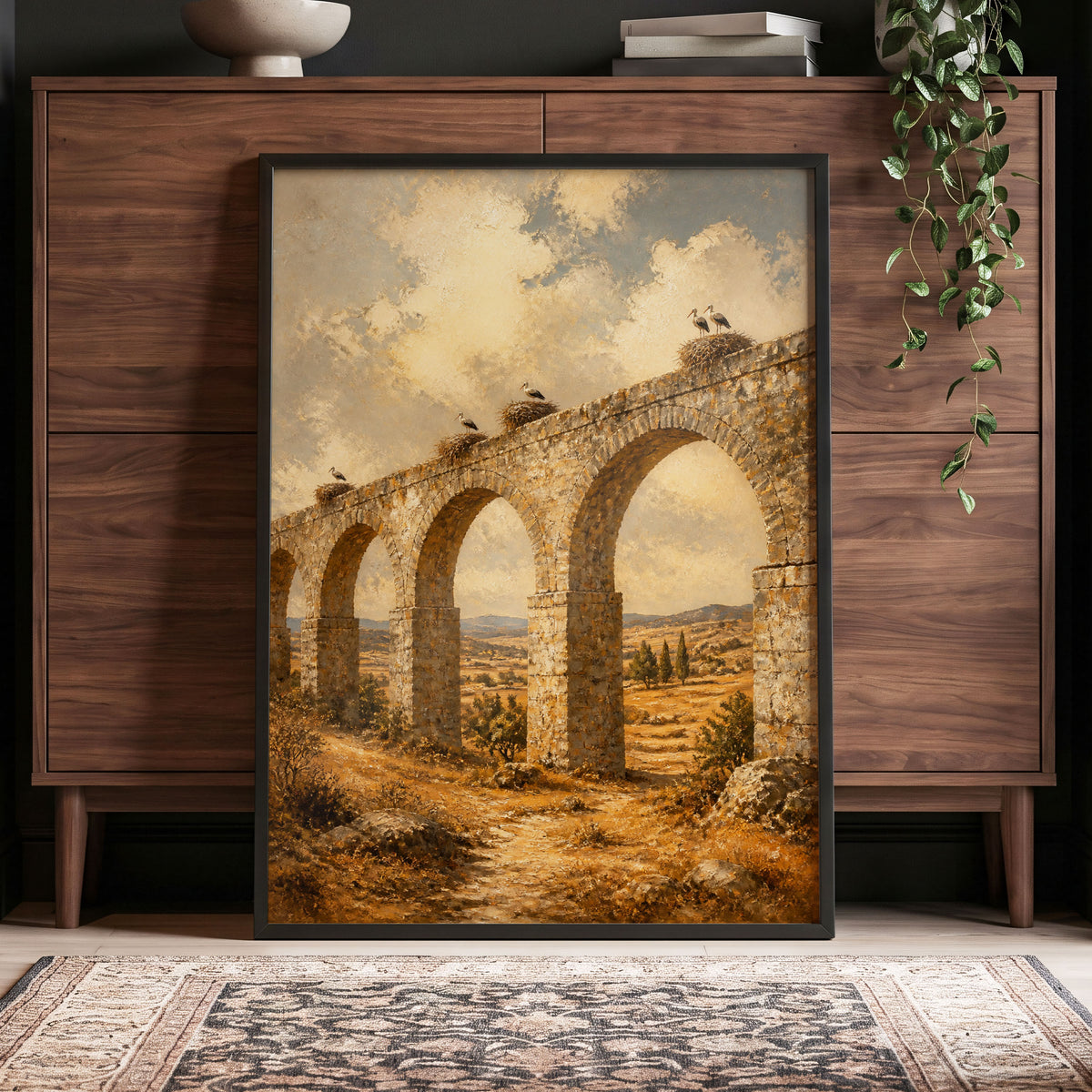 Storks Above the Arches, beige, brown, gold nature wall art displayed in a styled interior, gallery view 5