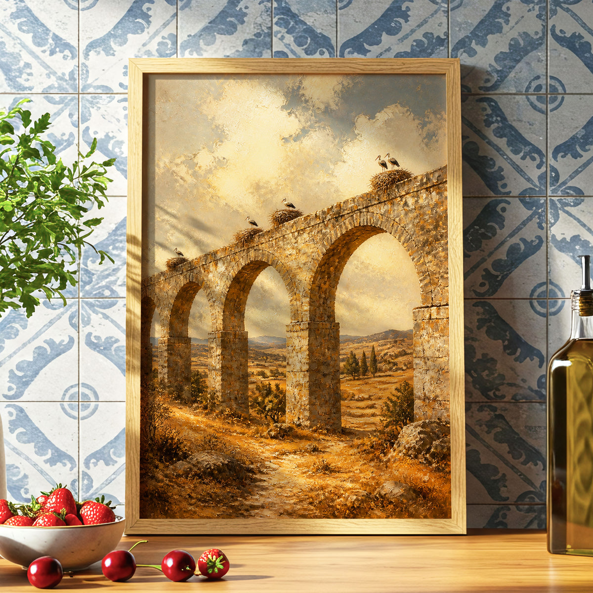 Storks Above the Arches, beige, brown, gold nature wall art displayed in a styled interior, gallery view 6