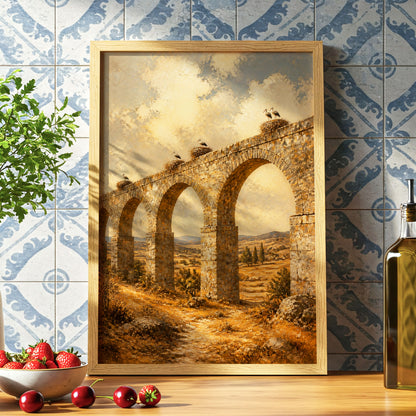 Storks Above the Arches, beige, brown, gold nature wall art displayed in a styled interior, gallery view 6