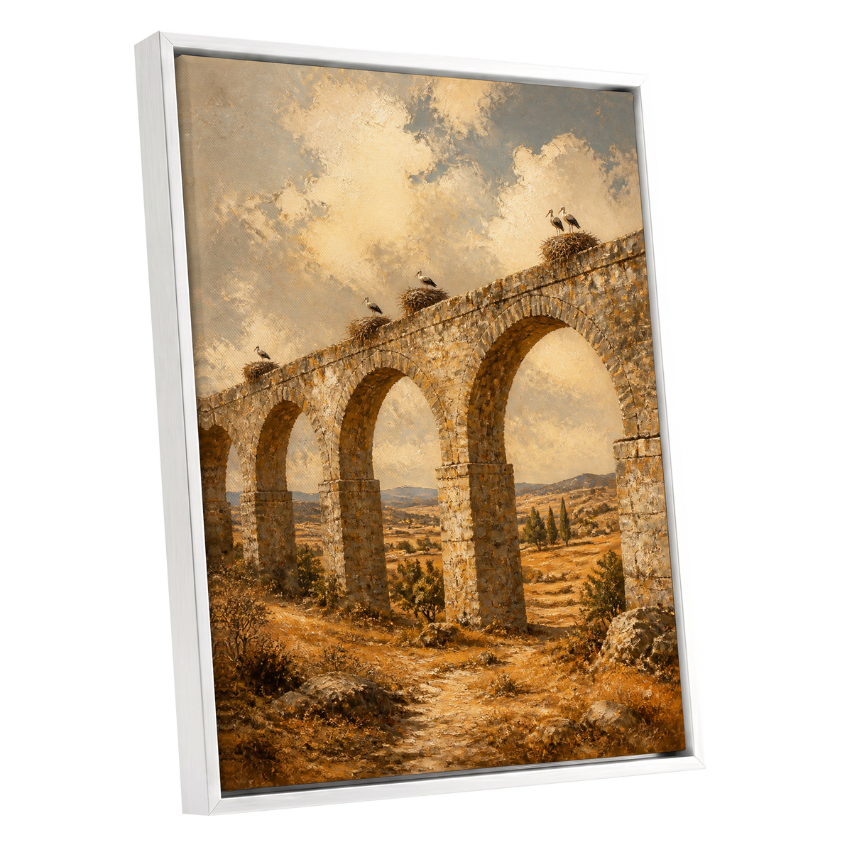 Storks Above the Arches, beige, brown, gold nature wall art shown as a white framed canvas wall art