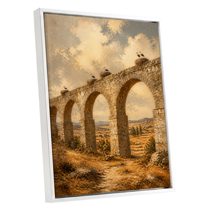 Storks Above the Arches, beige, brown, gold nature wall art shown as a white framed canvas wall art