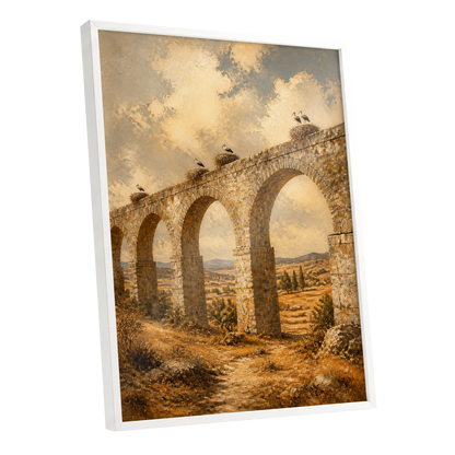 Storks Above the Arches, beige, brown, gold nature wall art shown as a white framed poster wall art print