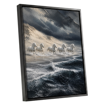 Stormbound Gallop, blue, gray, white nature wall art shown as a black framed canvas wall art