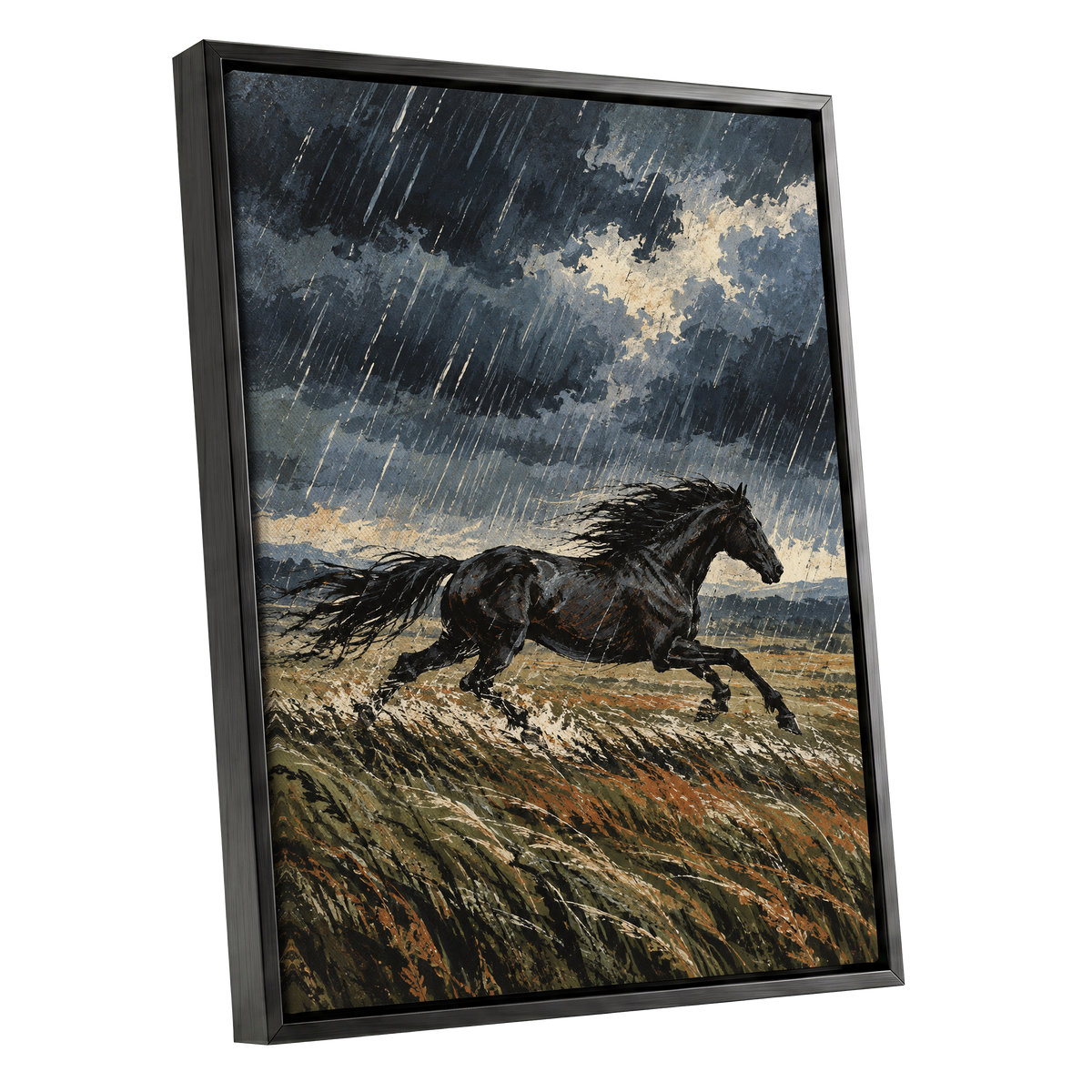 Stormbound Gallop, black, blue, gray nature wall art shown as a black framed canvas wall art
