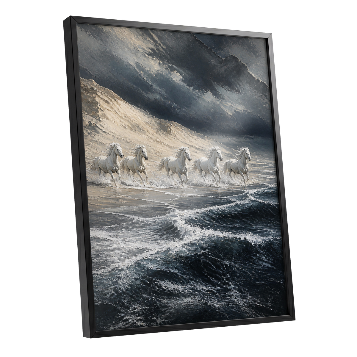 Stormbound Gallop, blue, gray, white nature wall art shown as a black framed poster wall art print