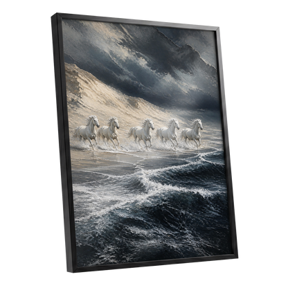 Stormbound Gallop, blue, gray, white nature wall art shown as a black framed poster wall art print