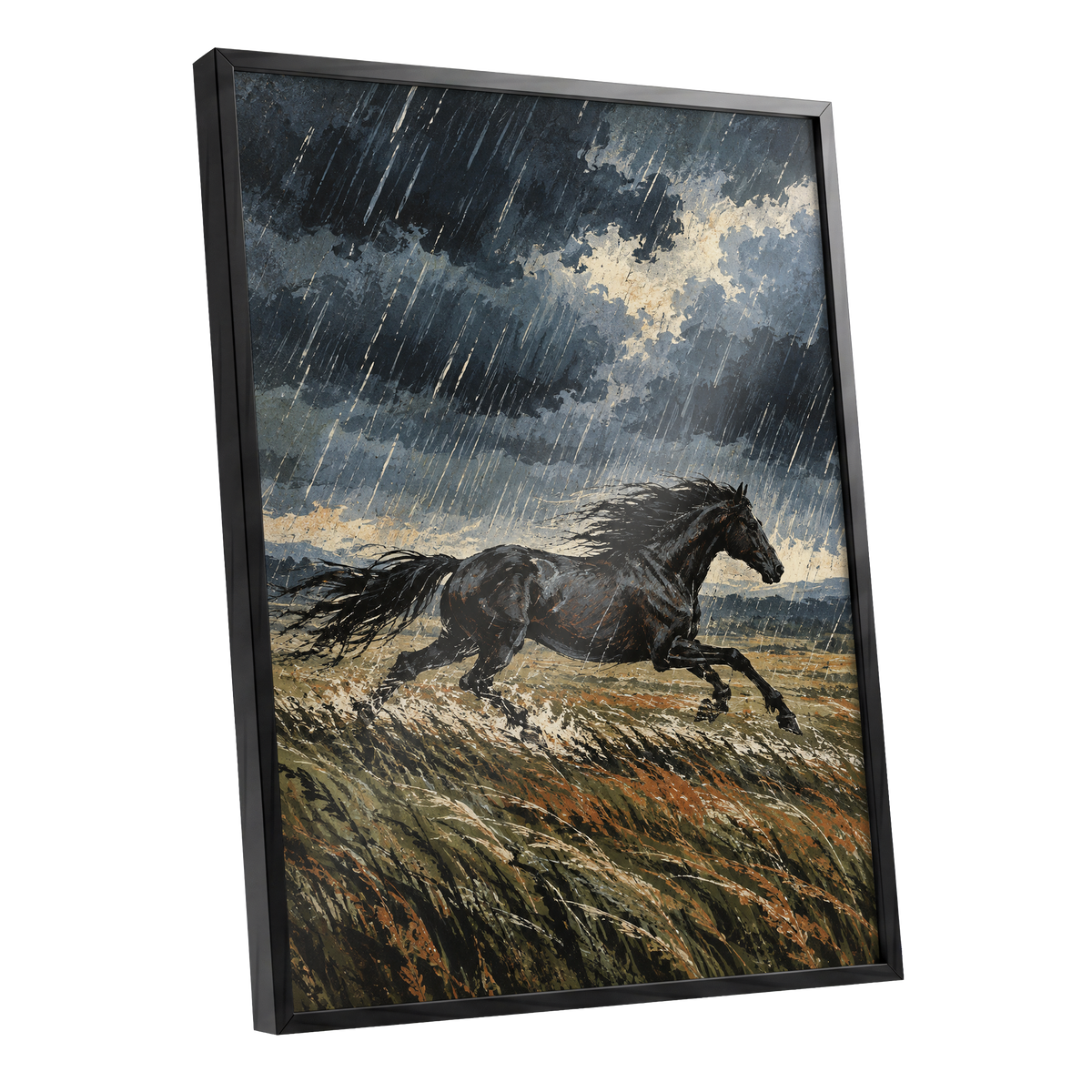 Stormbound Gallop, black, blue, gray nature wall art shown as a black framed poster wall art print