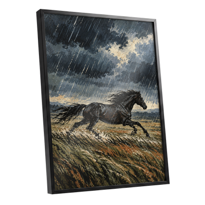 Stormbound Gallop, black, blue, gray nature wall art shown as a black framed poster wall art print