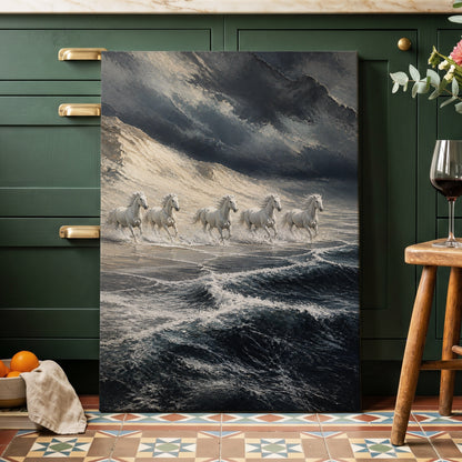 Stormbound Gallop, blue, gray, white nature wall art on canvas displayed in a styled interior, gallery view 1