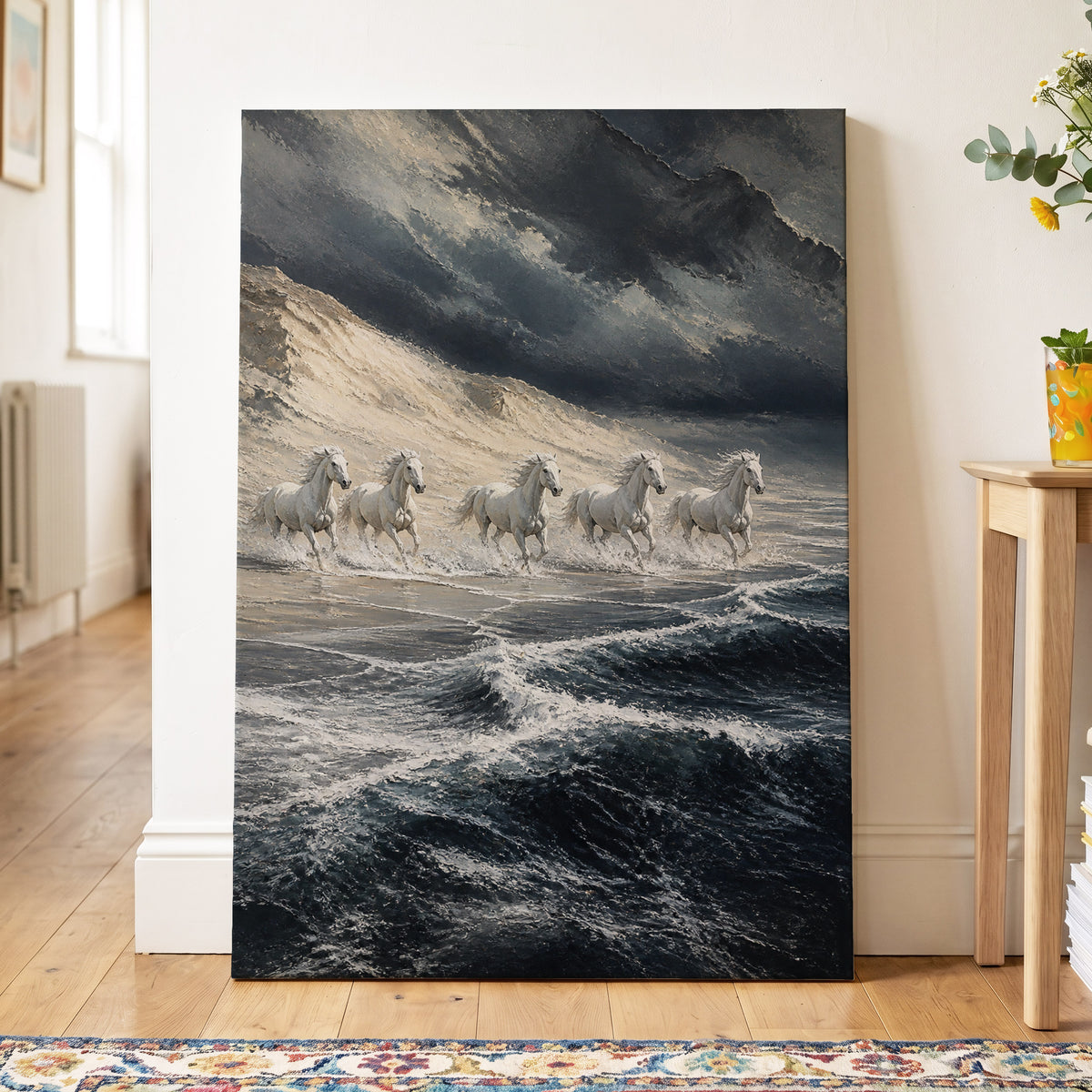 Stormbound Gallop, blue, gray, white nature wall art on canvas displayed in a styled interior, gallery view 2
