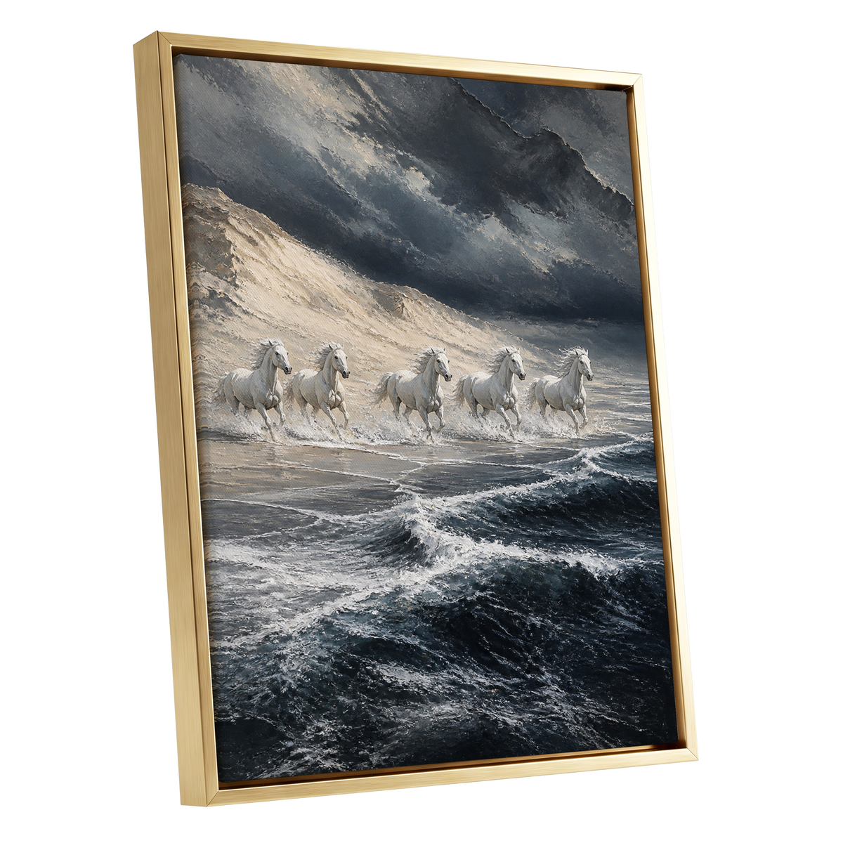 Stormbound Gallop, blue, gray, white nature wall art shown as a gold framed canvas wall art