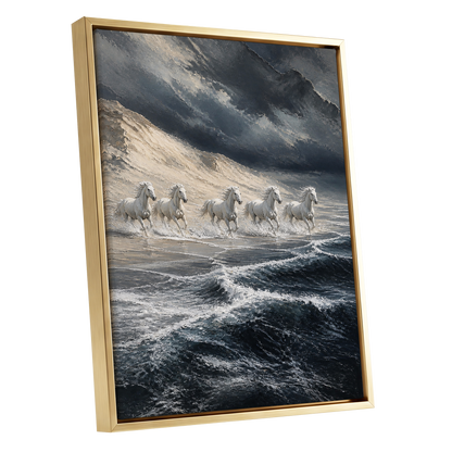 Stormbound Gallop, blue, gray, white nature wall art shown as a gold framed canvas wall art