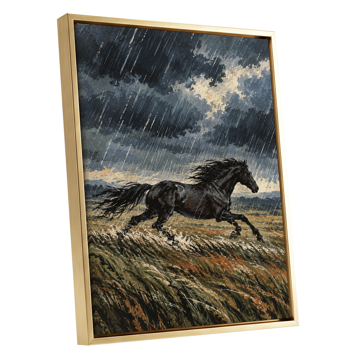 Stormbound Gallop, black, blue, gray nature wall art shown as a gold framed canvas wall art