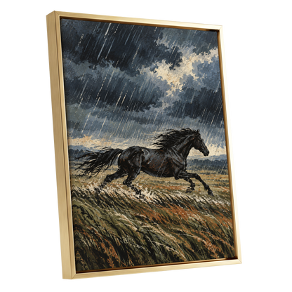 Stormbound Gallop, black, blue, gray nature wall art shown as a gold framed canvas wall art