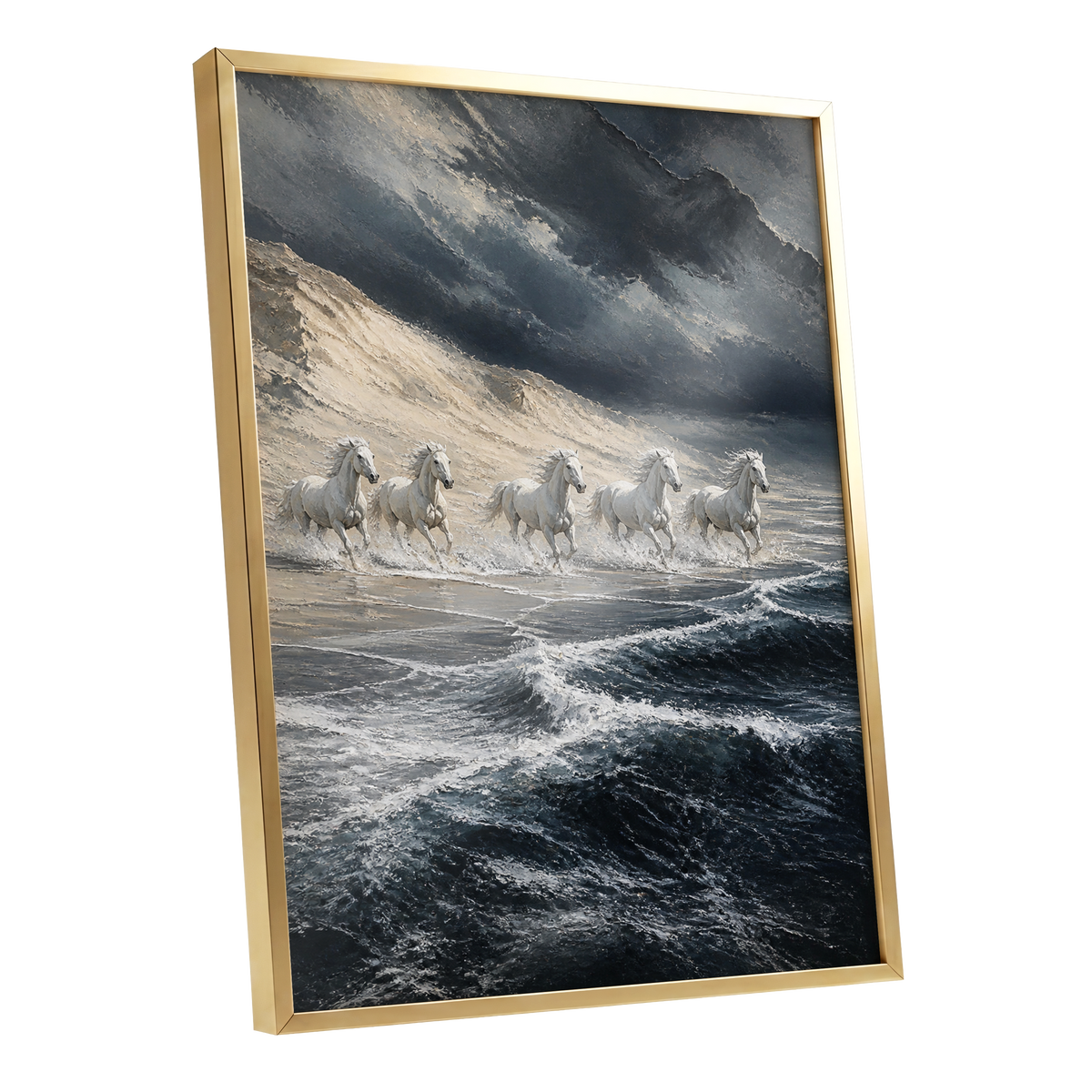 Stormbound Gallop, blue, gray, white nature wall art shown as a gold framed poster wall art print
